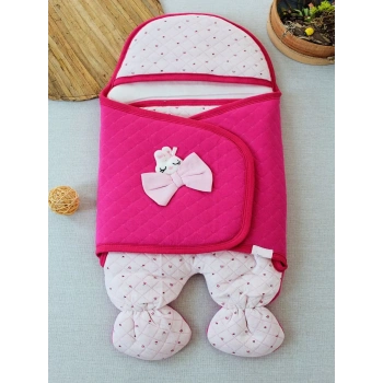 Yenidoğan Açılır Kucaklı Fiyonk Detay Ayaklı Kız Bebek Kundak Pembe