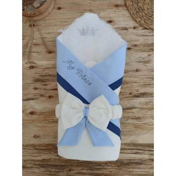 Yenidoğan Bal Peteği My Prince Taç Nakışlı Delüks Kundak Bebek Battaniyesi Mavi