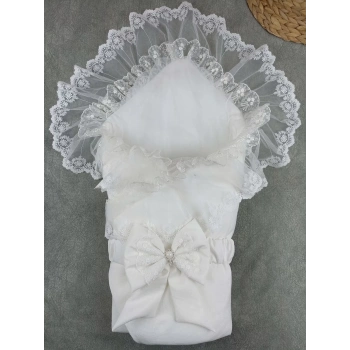 Yenidoğan Bambu Taç Nakışlı Delüks Kundak Bebek Battaniyesi Ekru