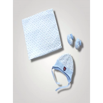 Yenidoğan Baskılı Double Face Şapka Ve Patikli 3lü Bebek Battaniye Takımı Mavi