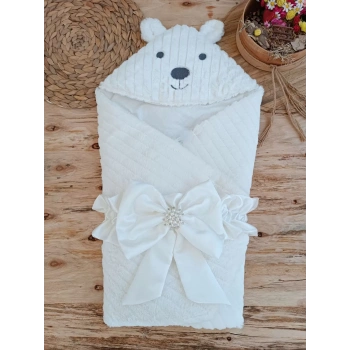 Yenidoğan Beyaz Wool Yün Kumaş Ayıcık Kulaklı Kundak Bebek Battaniyesi Beyaz