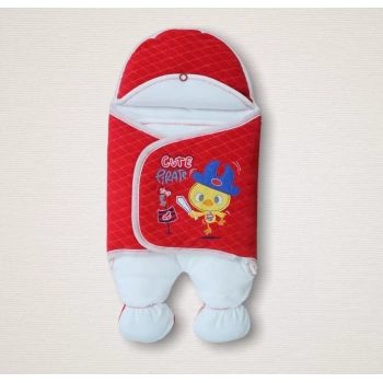 Yenidoğan Cesur Şovalye Civciv Nakışlı Şapkalı Erkek Ayaklı Kundak Bebek Battaniyesi Kırmızı