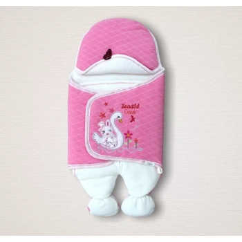 Yenidoğan Çiçekli Ördek Nakışlı Şapkalı Kız Bebek Ayaklı Kundak Bebek Battaniyesi Pembe