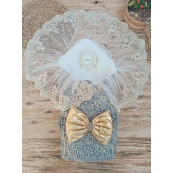 Yenidoğan Kabartma Desenli Gold Fiyonklu Güpürlü Bebek Battaniyesi Kundak Gold