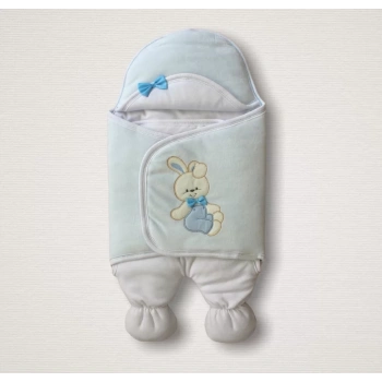 Yenidoğan Kadife Kumaş Ayıcık Nakışlı Şapkalı Kız Erkek Bebek Ayaklı Kundak Bebek Battaniyesi Mavi