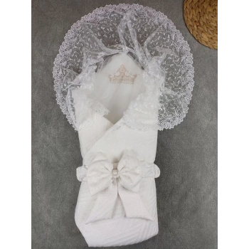 Yenidoğan Kumru Plazma Taçlı Lüks Kundak Bebek Battaniyesi Ekru