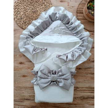 Yenidoğan Mehtap Lüks Kelebek Taç Nakışlı Bebek Battaniyesi Kundak Gri