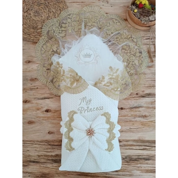 Yenidoğan Pamuk Taç Benim Prensesim Nakışlı Trilüks Kundak Bebek Battaniyesi Ekru