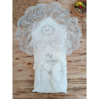 Yenidoğan Pamuk Taç Benim Prensim Nakışlı Trilüks Kundak Bebek Battaniyesi Ekru