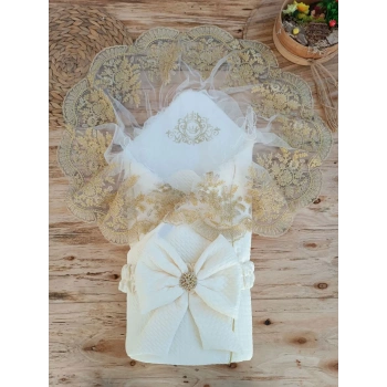 Yenidoğan Piramitland Taşlı Gold Güpür İşleme Bebek Battaniyesi Kundak Ekru
