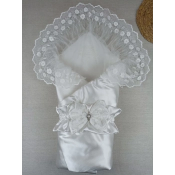 Yenidoğan Pırıltı Taç Nakışlı Trilüks Kundak Bebek Battaniyesi Ekru