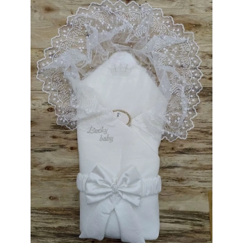 Yenidoğan Sahra Taç Lucky Baby Nakışlı Kumru Kundak Bebek Battaniyesi Ekru