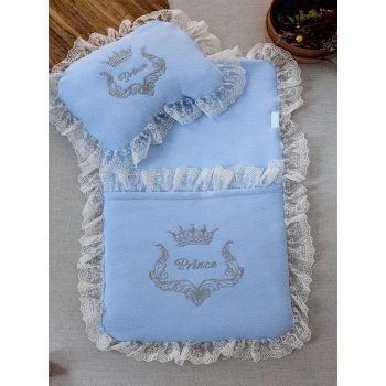 Yenidoğan Sahra Taç Nakışlı Trilüks 2li Alt Açma Seti Mavi