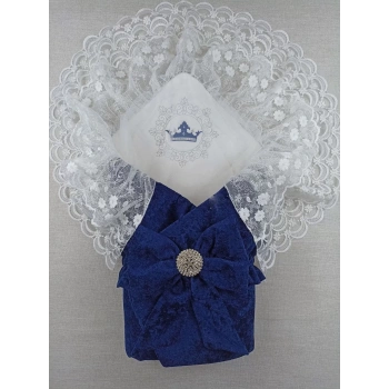 Yenidoğan Saray Kadife Taç Nakışlı İnci Fiyonklu Çift Dantel Duvak Trilüks Kundak Bebek Battaniyesi Lacivert