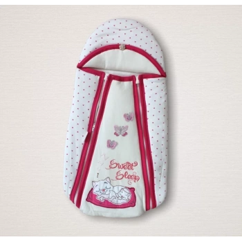 Yenidoğan Sevimli Uykucu Kedi Nakışlı Şapkalı Çift Fermuarlı Kız Bebek Kundak Bebek Battaniyesi Pembe