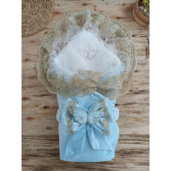 Yenidoğan Soft Kumru Melek Kanat Fiyonklu Gold Çift Dantel Duvaklı Trilüks Kundak Bebek Battaniyesi Mavi