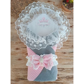 Yenidoğan Teri Cotton Taç Nakışlı Prizma Taş Kundak Bebek Battaniyesi Pembe