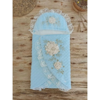 Yenidoğan Topçikli Gül Bahçesi Tül Örtülü Kız Erkek Bebek Klasik Kundak Bebek Battaniyesi Mavi