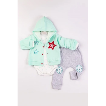 Yıldız Nakışlı Kapişonlu Kız Bebek Takımı