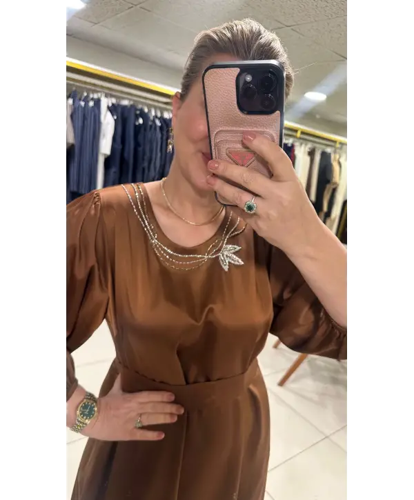 PAMUK SATEN TAŞ DETAYLI ELBİSE
