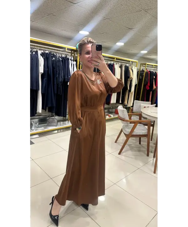 PAMUK SATEN TAŞ DETAYLI ELBİSE