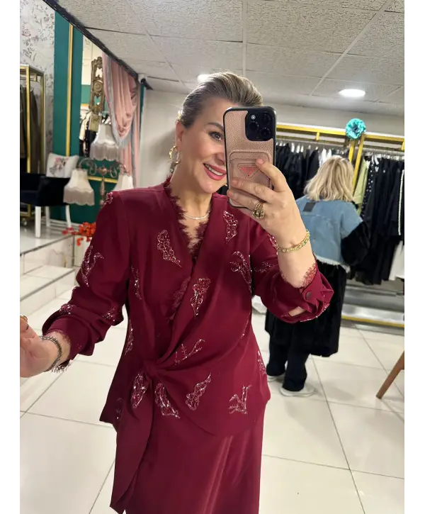 ETEKLİ TAŞLI 2Lİ TAKIM BORDO