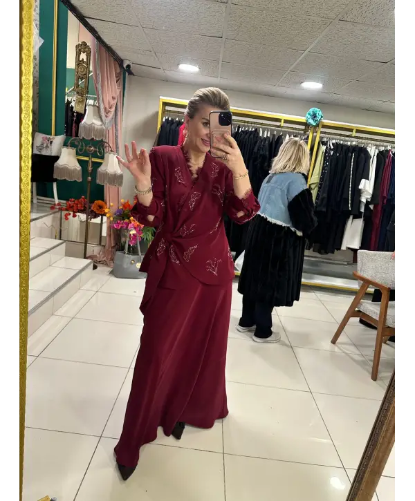 ETEKLİ TAŞLI 2Lİ TAKIM BORDO