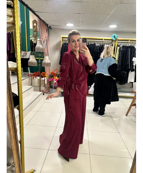 ETEKLİ TAŞLI 2Lİ TAKIM BORDO