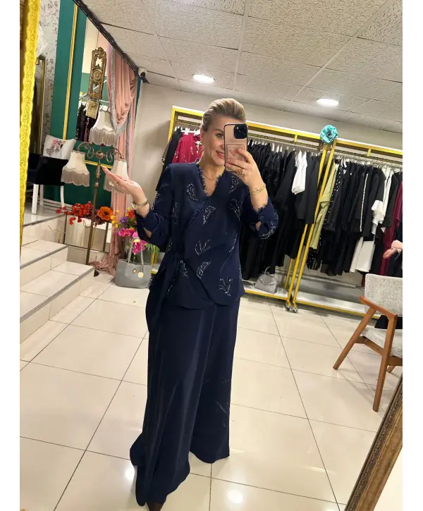 ETEKLİ TAŞLI 2Lİ TAKIM LACİVERT