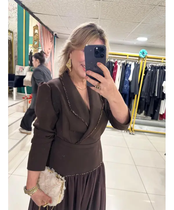 ABİYE KAHVERENGİ TAŞLI ELBİSE