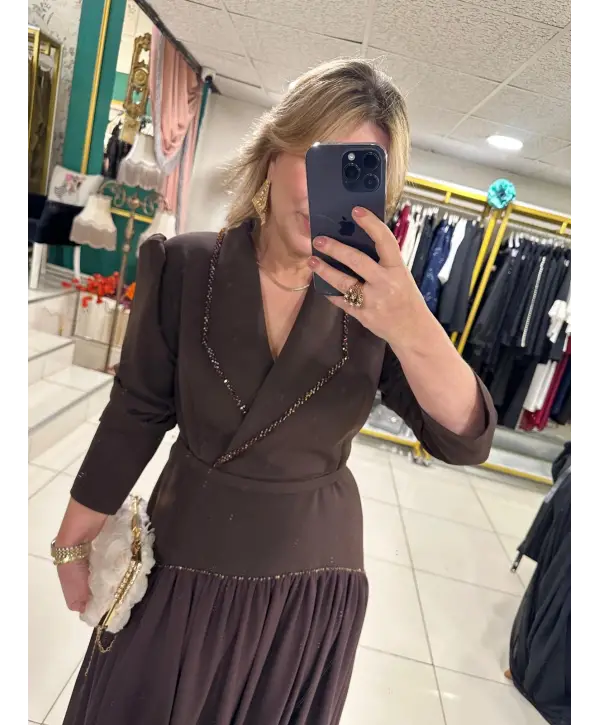 ABİYE KAHVERENGİ TAŞLI ELBİSE