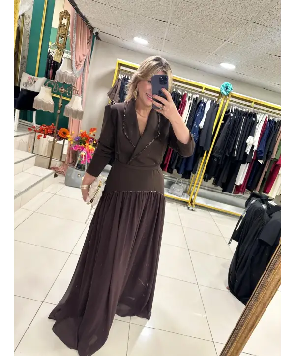 ABİYE KAHVERENGİ TAŞLI ELBİSE