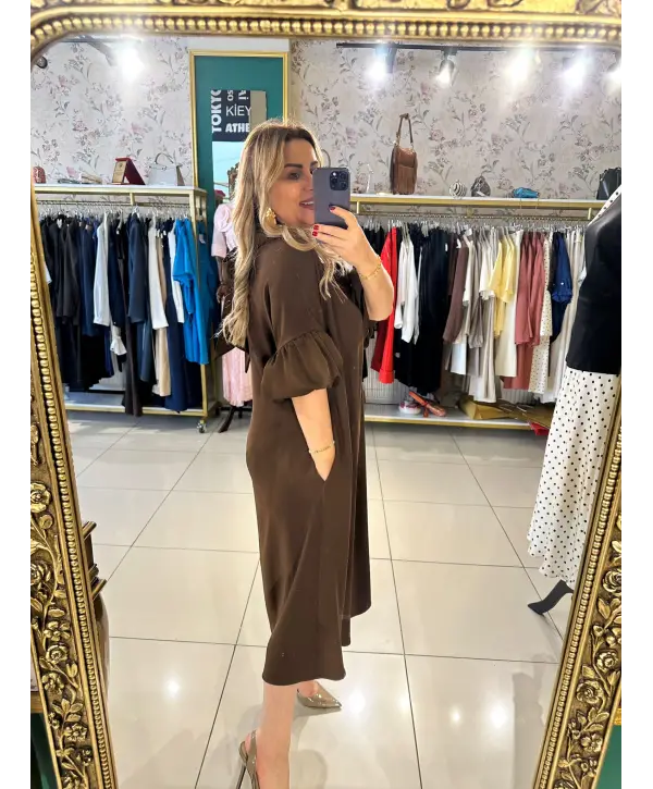 KAHVERENGİ ÇİÇEKLİ ELBİSE