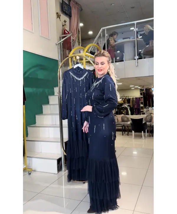 LACİVERT İNCİLİ ELBİSE