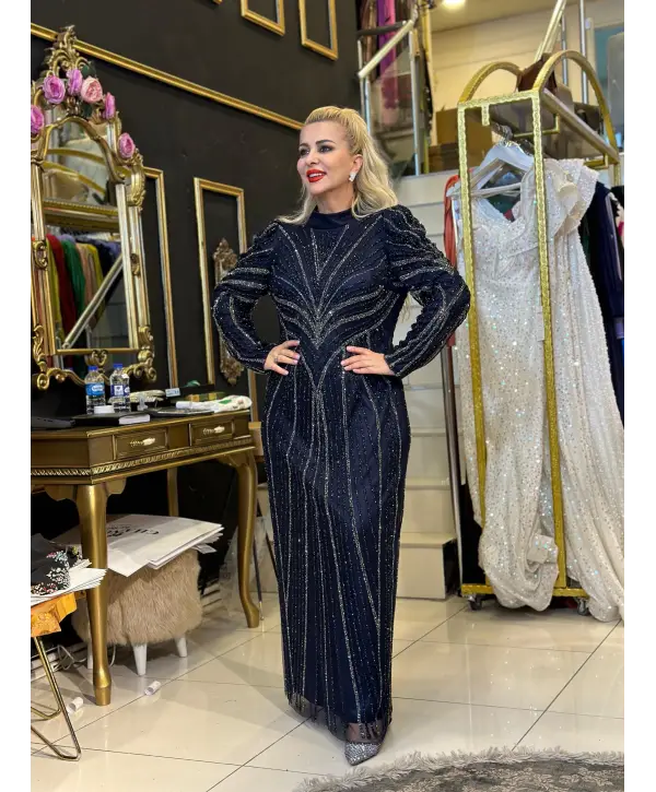 YALDIZLI İŞLEMELİ LACİVERT ABİYE