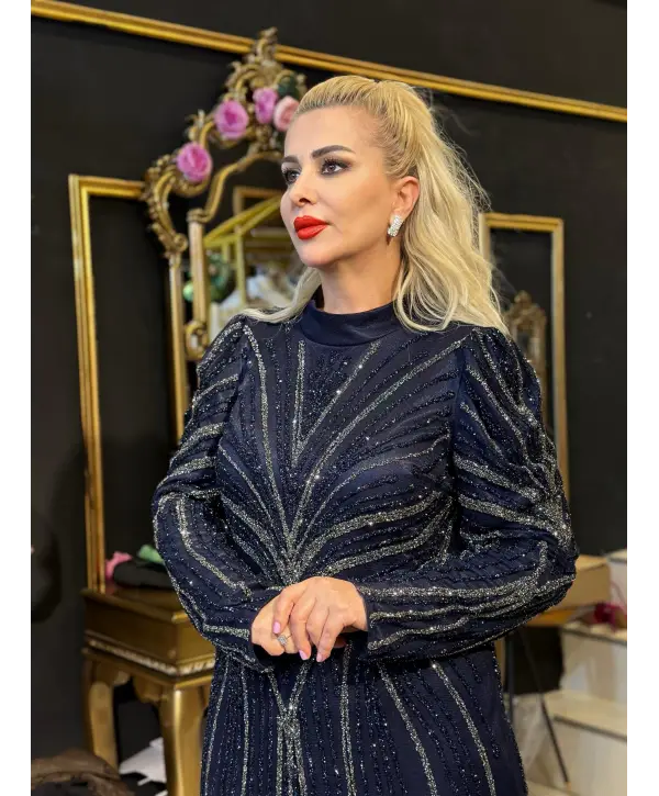 YALDIZLI İŞLEMELİ LACİVERT ABİYE