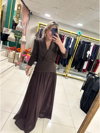 ABİYE KAHVERENGİ TAŞLI ELBİSE