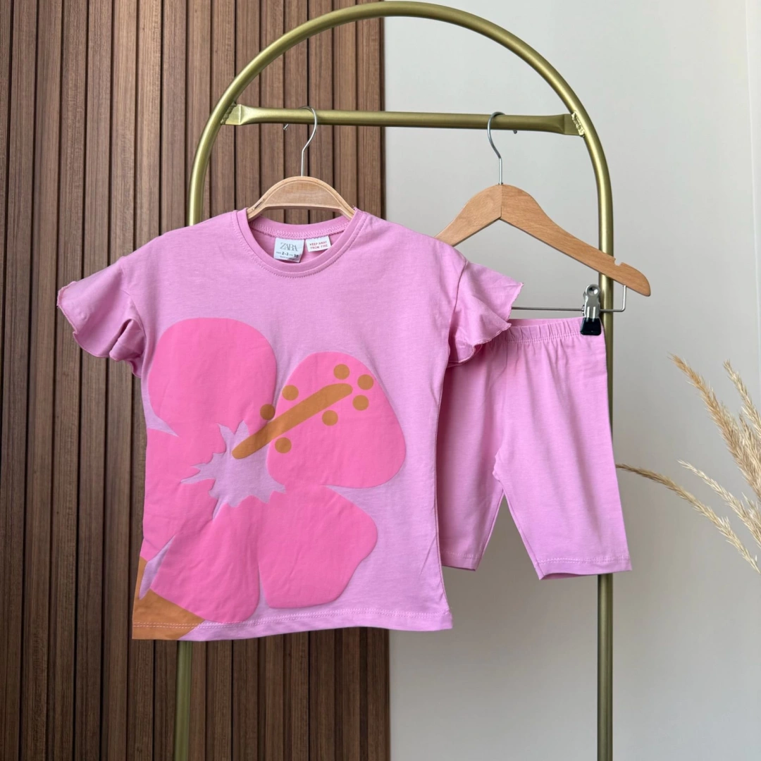Pembe Çiçekli Fırfır Kollu Tayt Takım