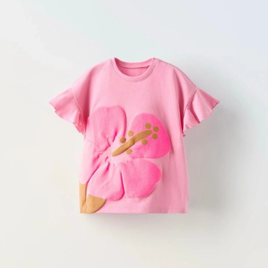 Pembe Çiçekli Fırfır Kollu Tayt Takım