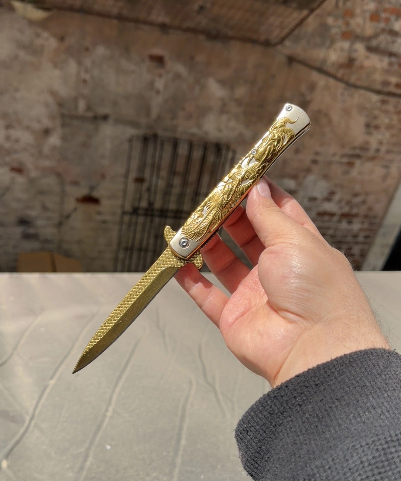 Ejder Kabartmalı Gravür 21cm Çakı Gold