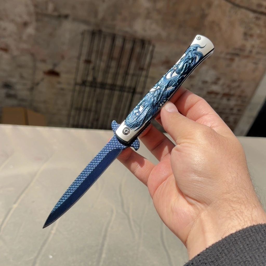 Ejder Kabartmalı Gravür 21cm Çakı MAVİ