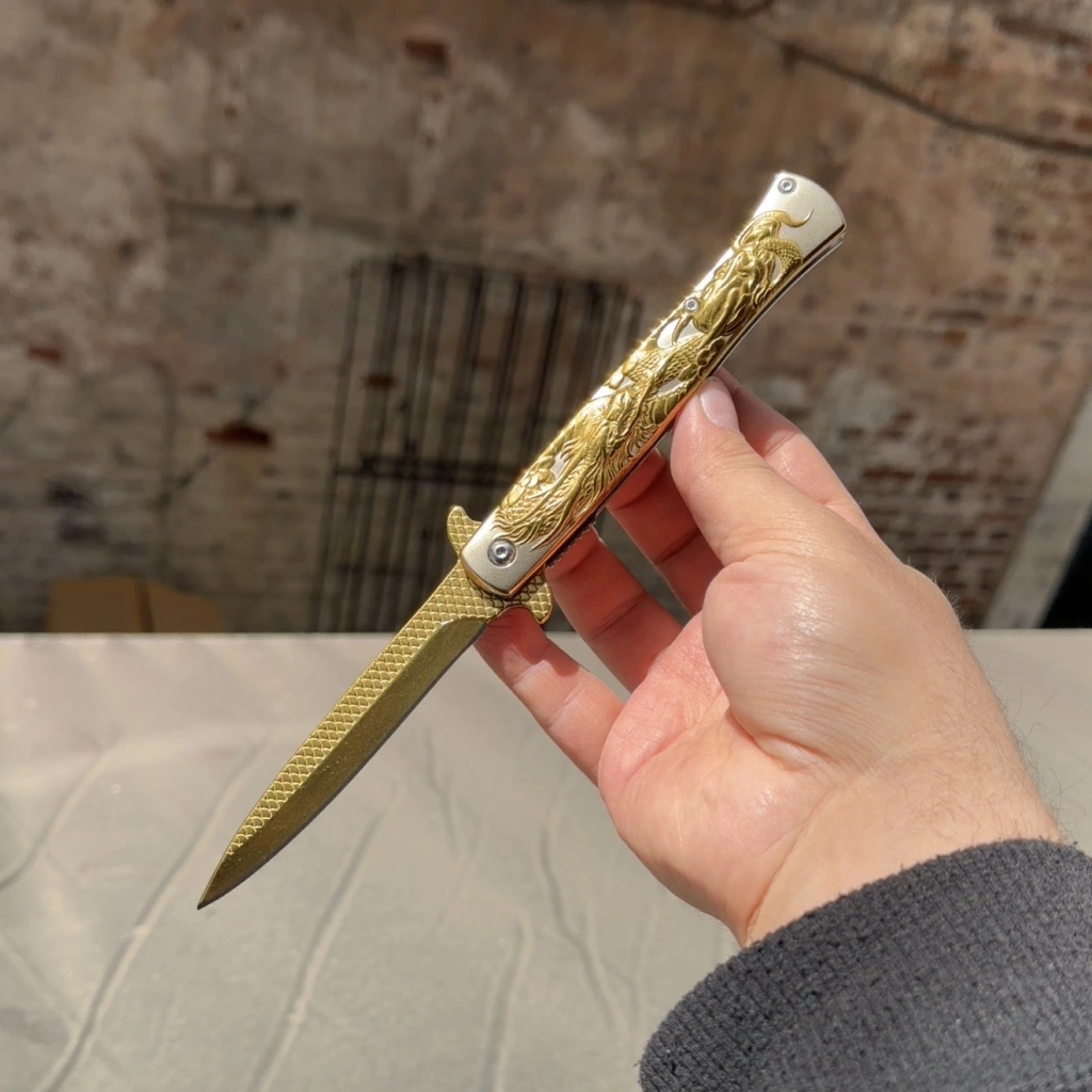 Ejder Kabartmalı Gravür 21cm Çakı Gold
