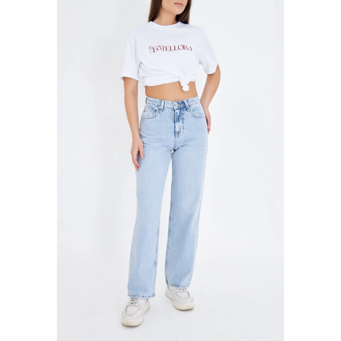 Bol Geniş Düz Kadın Kot Pantolon Yüksek Bel