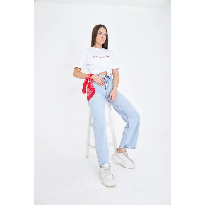 Bol Geniş Düz Kadın Kot Pantolon Yüksek Bel