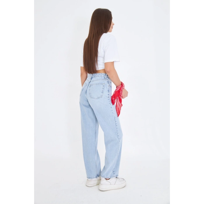 Bol Geniş Düz Kadın Kot Pantolon Yüksek Bel