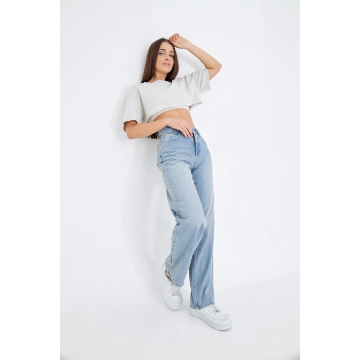 Bol Geniş Düz Kadın Kot Pantolon Yüksek Bel