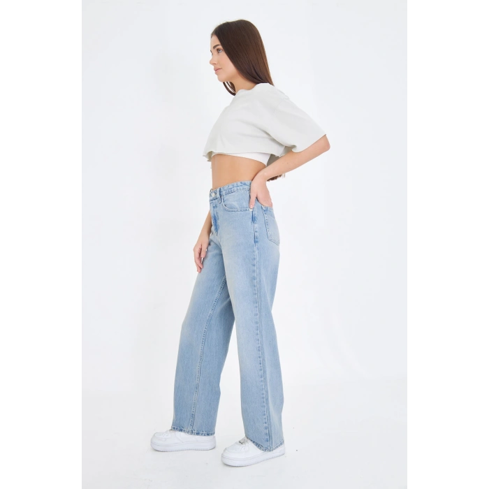 Bol Geniş Düz Kadın Kot Pantolon Yüksek Bel