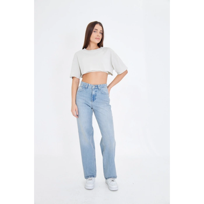 Bol Geniş Düz Kadın Kot Pantolon Yüksek Bel