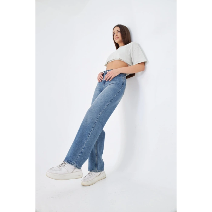 Bol Geniş Düz Tintli Kadın Kot Pantolon Yüksek Bel