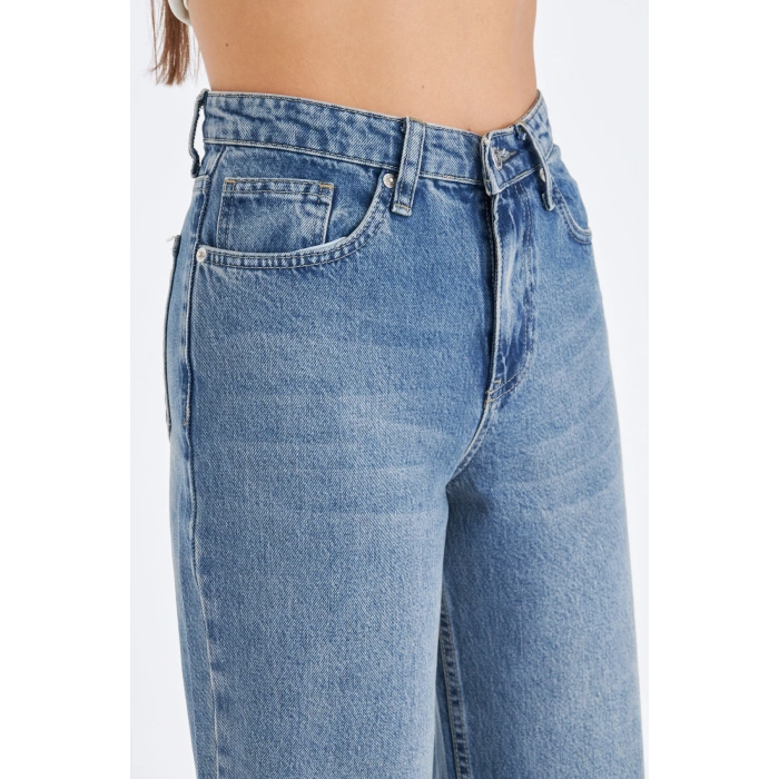 Bol Geniş Düz Tintli Kadın Kot Pantolon Yüksek Bel